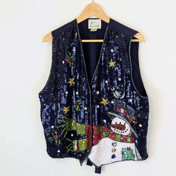 Vintage Sequin Christmas Snowman Vest The Quaker Factory - Picture 1 of 7